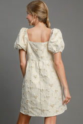 Umgee Heart Jacquard Square Neck Puff Sleeve Mini Dress OutfitFlow